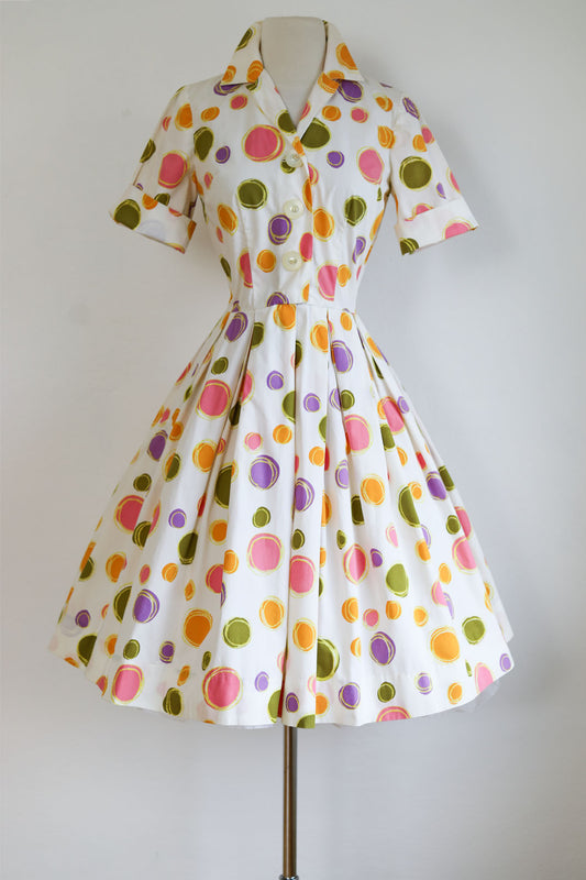 Vintage 1950s Dress - Darling Candy Rainbow Ornaments or Bubbles Print Cotton Shirtwaist Size XS to S