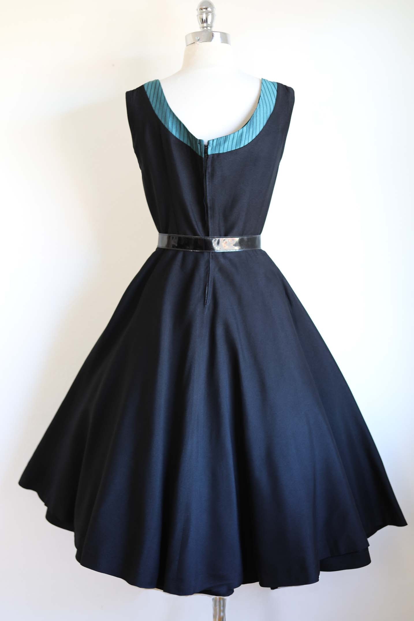 Vintage 1950s Dress - Electric Teal Blue Stripe + Black Silk Full Skirt Party Dress + Jacket Size XS to S