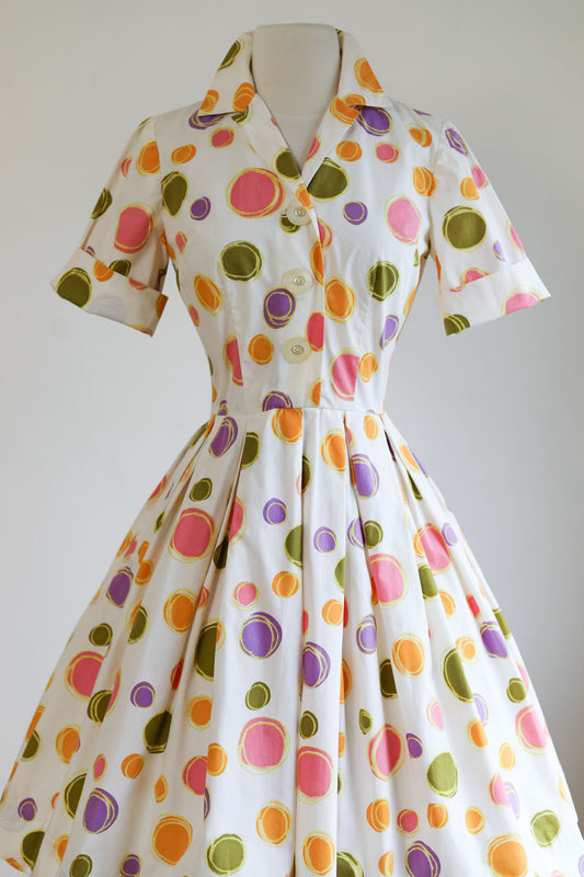 Vintage 1950s Dress - Darling Candy Rainbow Ornaments or Bubbles Print Cotton Shirtwaist Size XS to S