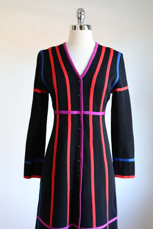 Vintage 1960s to 1970s Black Jersey Knitwear Dress - KILLER Designer w Electric Rainbow Stripes Coat Dress Size M to L