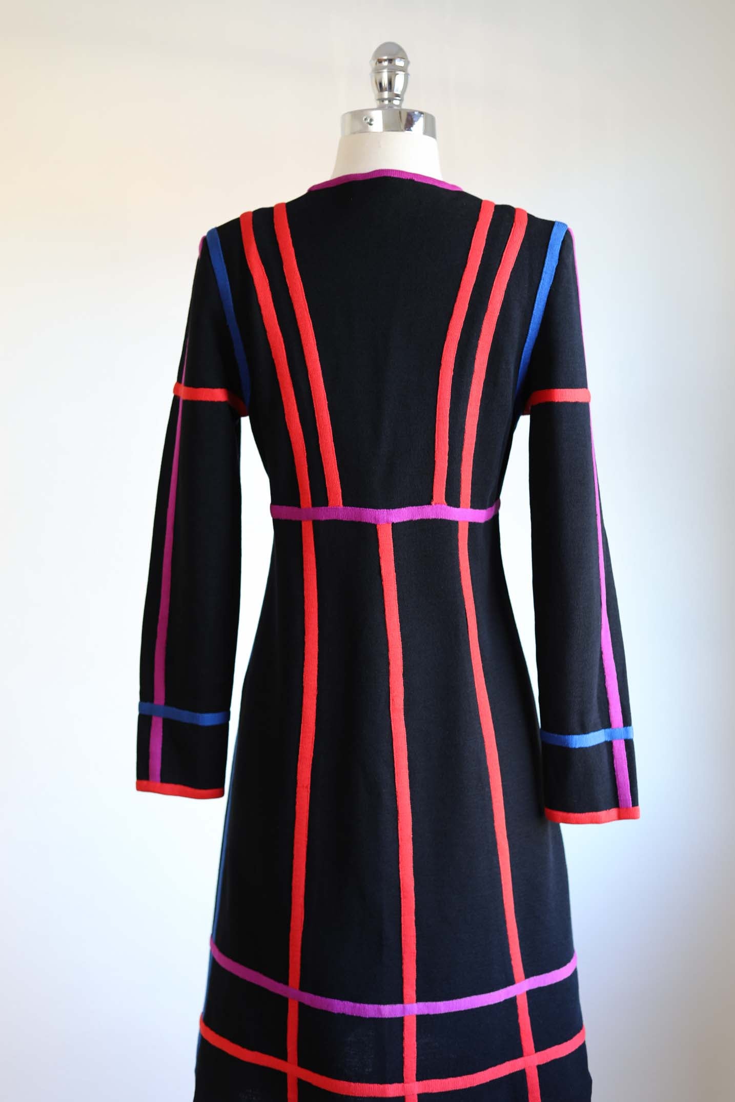 Vintage 1960s to 1970s Black Jersey Knitwear Dress - KILLER Designer w Electric Rainbow Stripes Coat Dress Size M to L