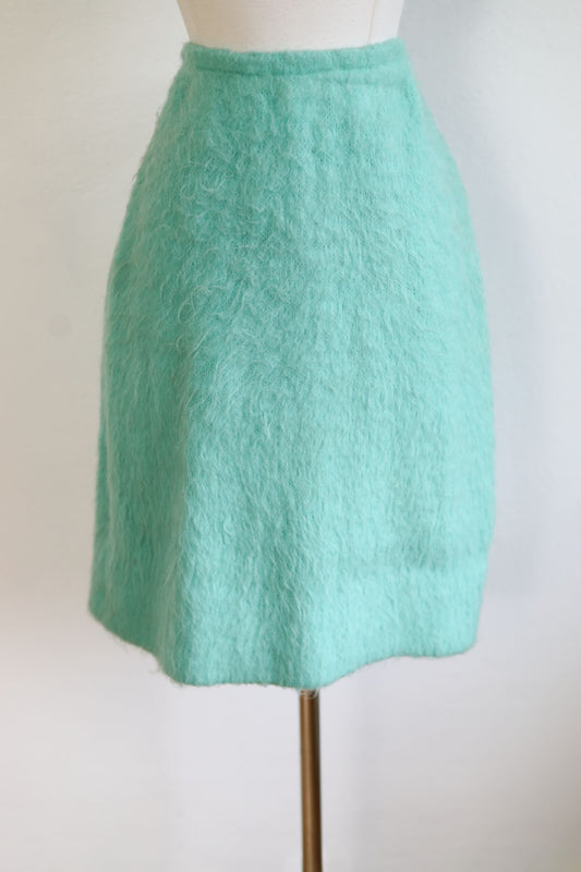 Vintage 1960s Shaggy Knit Mini Skirt - Rare! Faux Fur/Mohair Hairy Mint Green A-line Skirt Size S to L