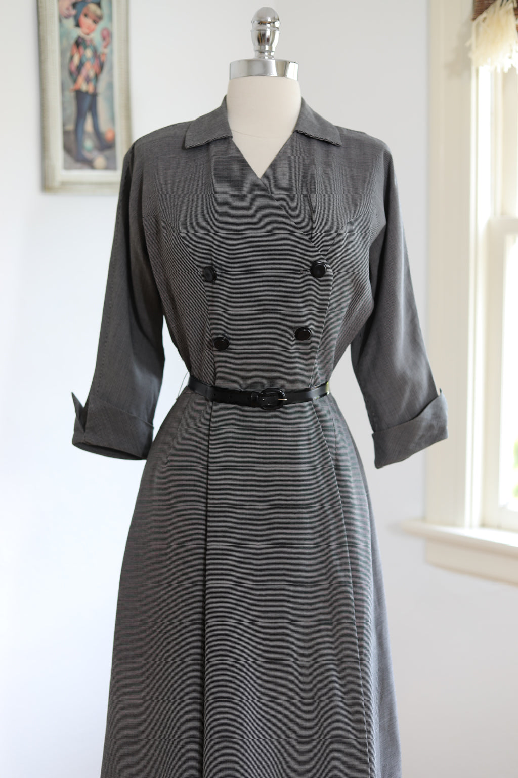 Vintage 1940s Dress - SHARP Black White Woven Stripe Princess Coat Dress w Bakelite Size M