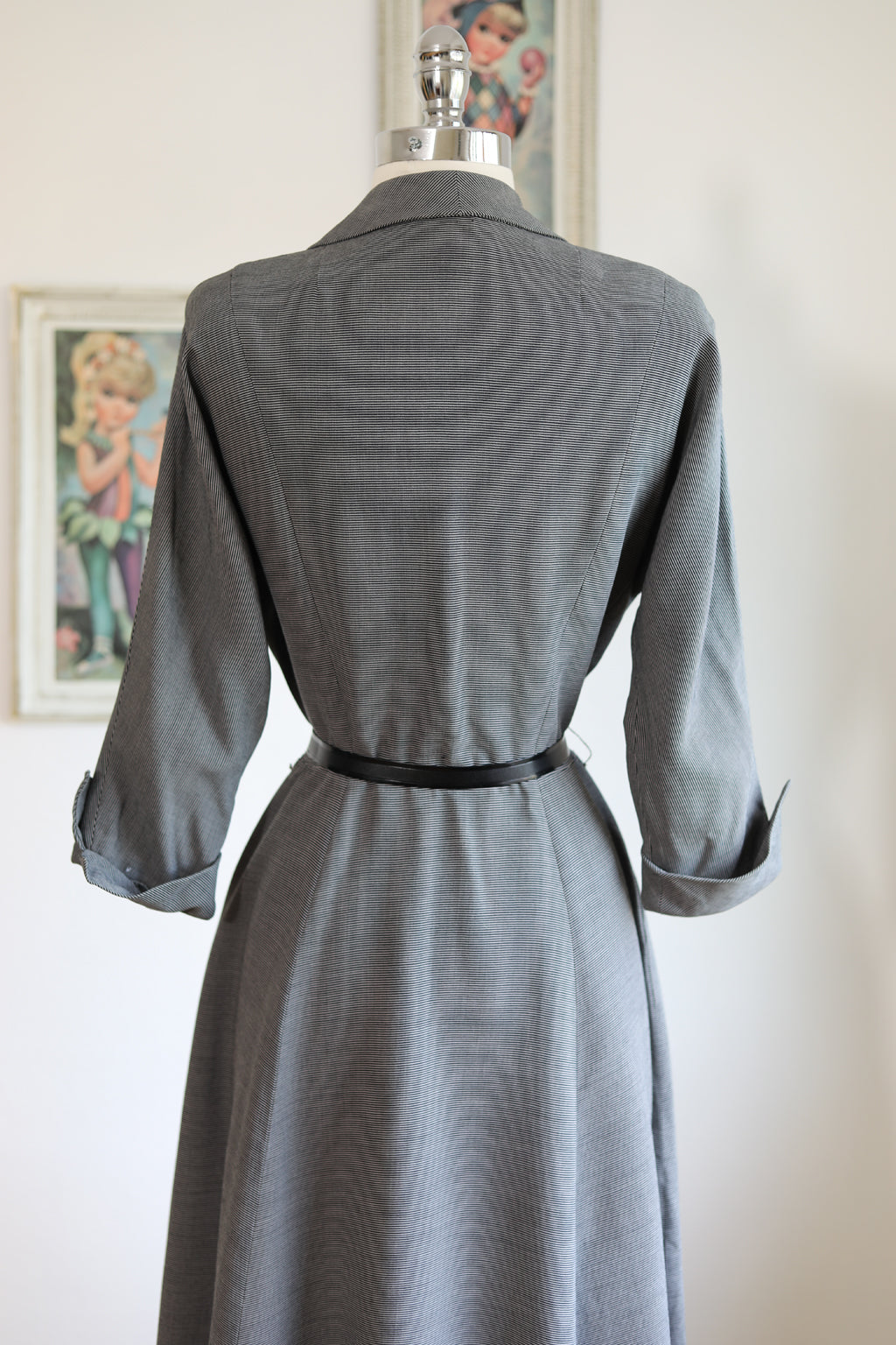 Vintage 1940s Dress - SHARP Black White Woven Stripe Princess Coat Dress w Bakelite Size M