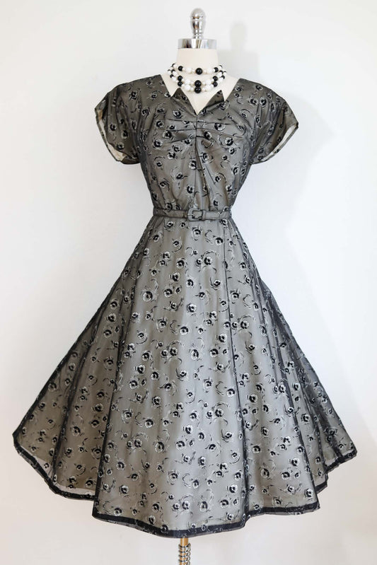 Vintage 1950s Party Dress - SUBLIME Black White Chiffon w "Painted" Flocked Roses + Belt Size L