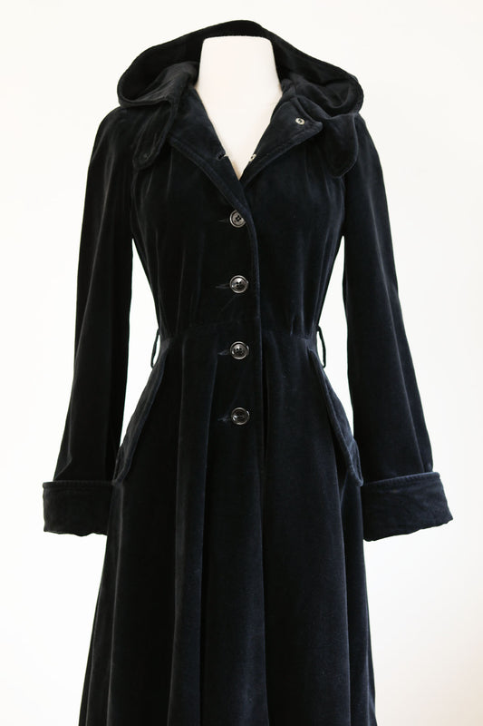Vintage 1970s Velvet Coat w Hood - Black Gothic Dream HOODED Full Skirt Overcoat Size XS to S