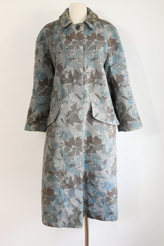 Vintage 1950s Tapestry Coat - Volup! Blue + Neutral Gray Taupe Woven Swing Coat Size L to XL