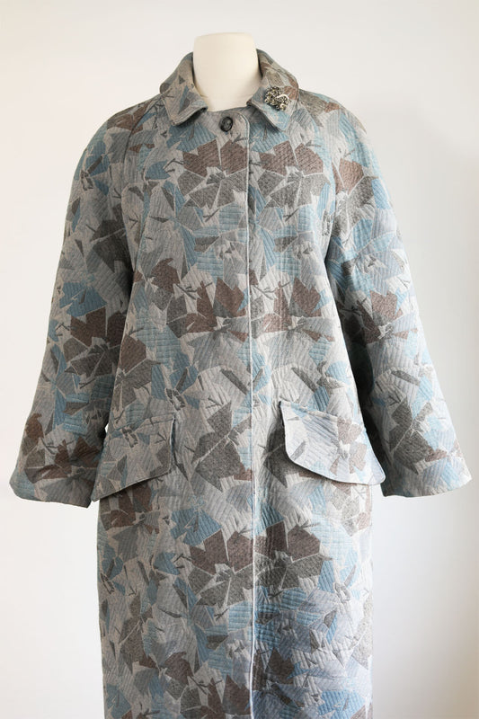 Vintage 1950s Tapestry Coat - Volup! Blue + Neutral Gray Taupe Woven Swing Coat Size L to XL