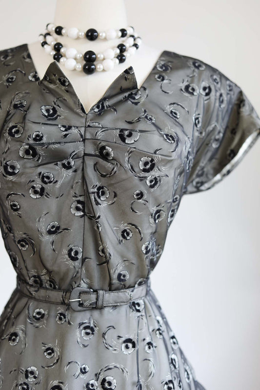 Vintage 1950s Party Dress - SUBLIME Black White Chiffon w "Painted" Flocked Roses + Belt Size L