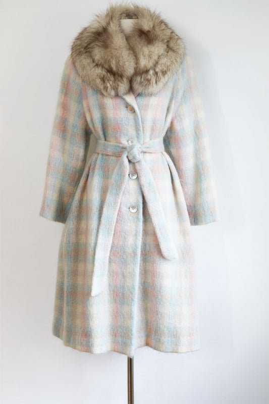 Vintage 1980s Mohair + Fur Coat - Rare Pastel Pink Blue Cream Plaid Designer Belted Coat w Blue Fox Collar Size M to L