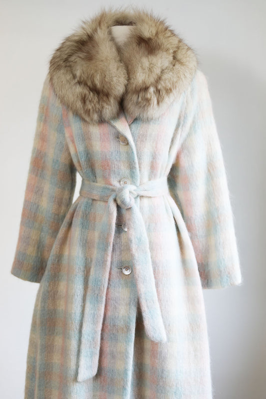 Vintage 1980s Mohair + Fur Coat - Rare Pastel Pink Blue Cream Plaid Designer Belted Coat w Blue Fox Collar Size M to L