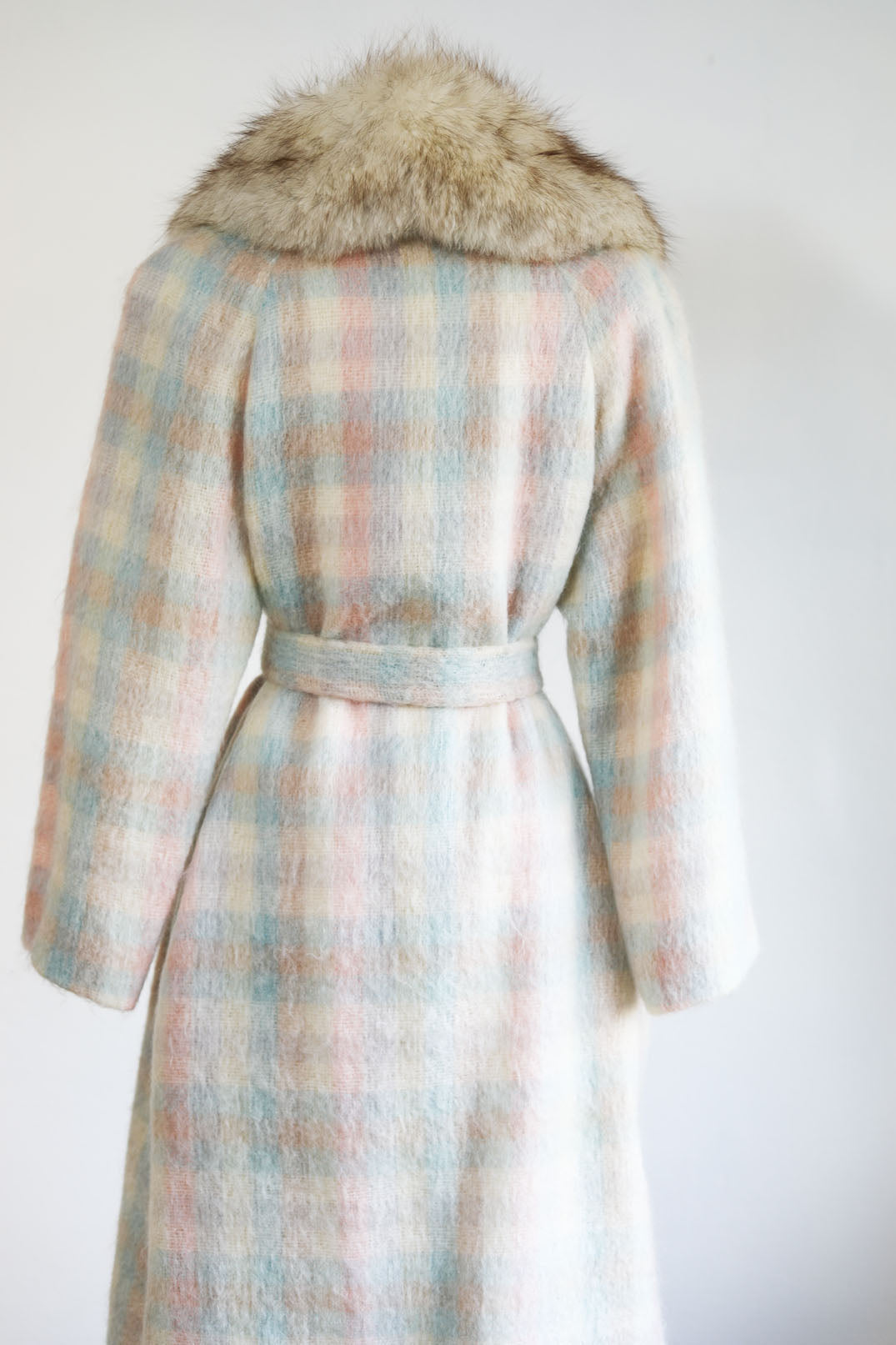 Vintage 1980s Mohair + Fur Coat - Rare Pastel Pink Blue Cream Plaid Designer Belted Coat w Blue Fox Collar Size M to L