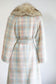 Vintage 1980s Mohair + Fur Coat - Rare Pastel Pink Blue Cream Plaid Designer Belted Coat w Blue Fox Collar Size M to L