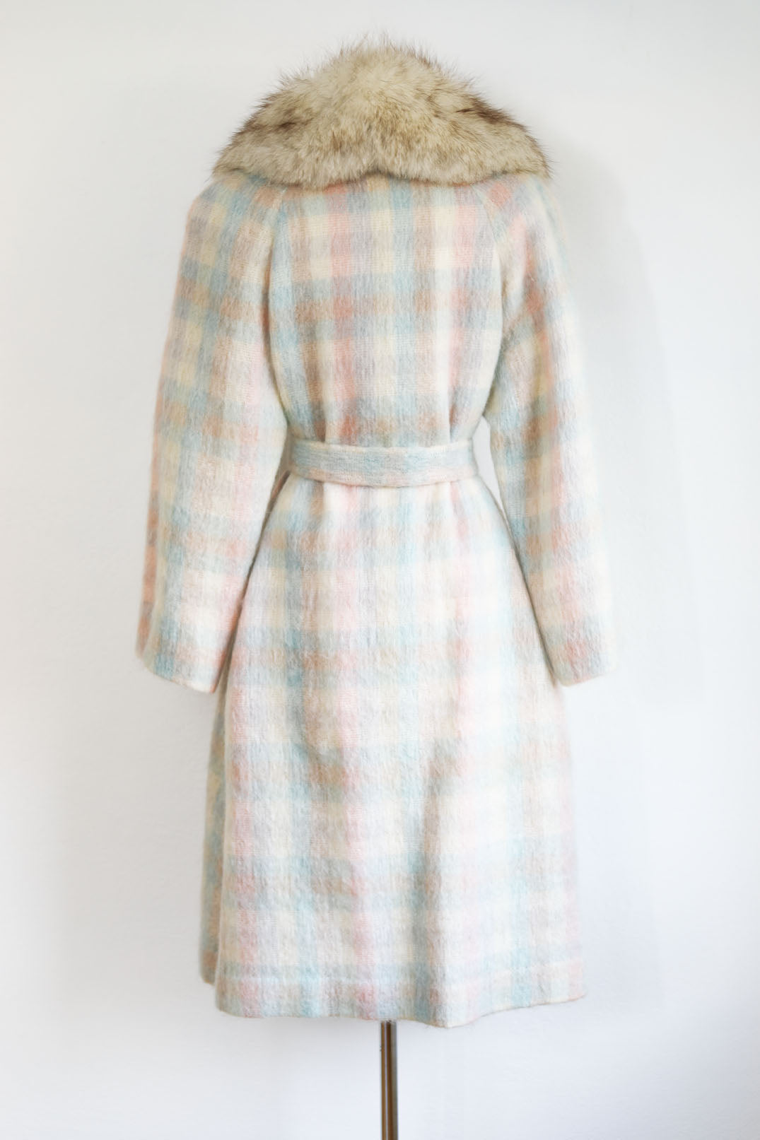 Vintage 1980s Mohair + Fur Coat - Rare Pastel Pink Blue Cream Plaid Designer Belted Coat w Blue Fox Collar Size M to L