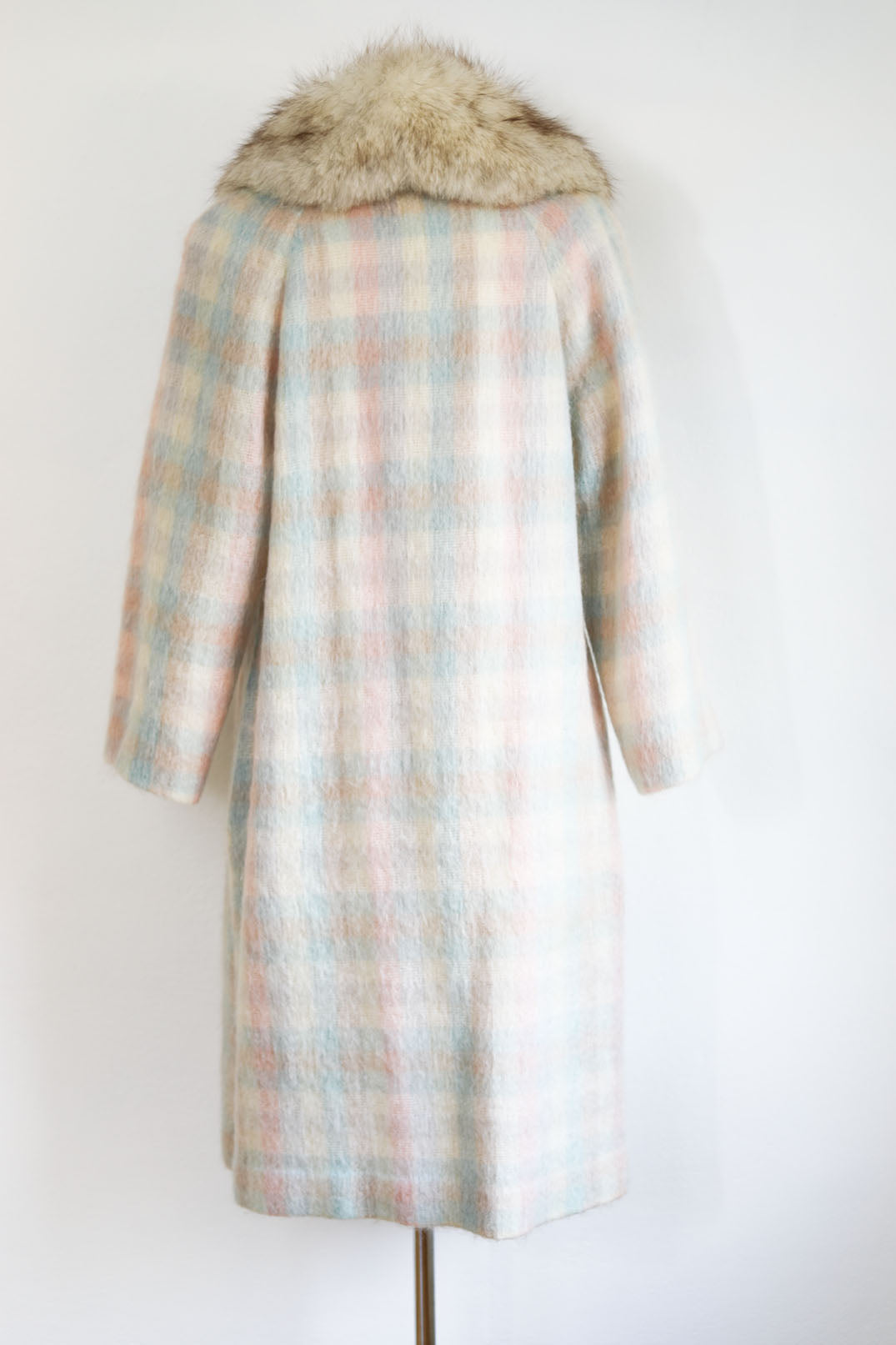 Vintage 1980s Mohair + Fur Coat - Rare Pastel Pink Blue Cream Plaid Designer Belted Coat w Blue Fox Collar Size M to L