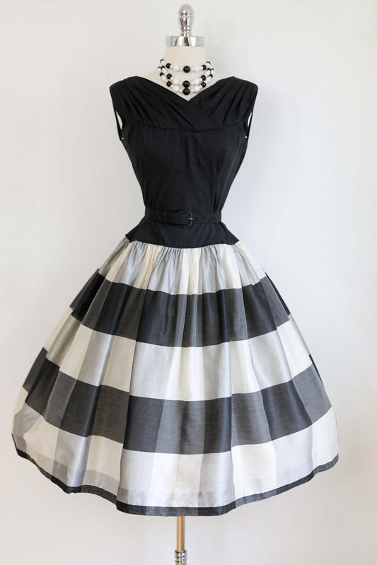 Vintage 1950s Party Dress - B&W STRIPES Documented 1958 Black Cotton Silk Princess Sundress Mode o' Day Beauty Size M