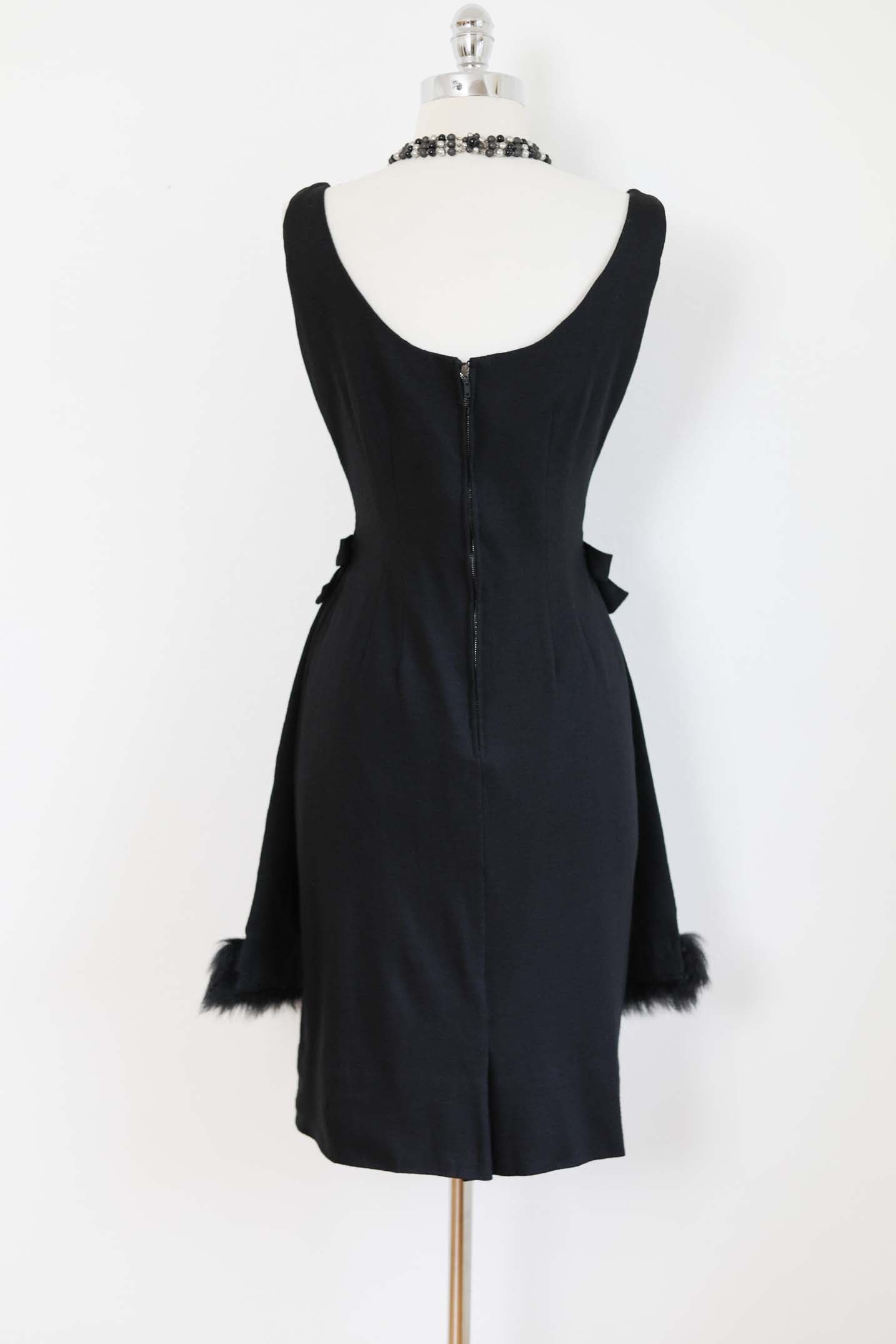 Vintage 1960s Knit Party Dress - LUSH MINK BABE Black Wool Knitwear w Flyaway Fur Panels Size M