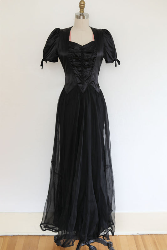 Vintage 1930s to 1940s Evening Dress - Black Pink Ruched Satin Puff Sleeve w Wicked Waist Full Length Gown Size M