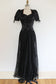 Vintage 1930s to 1940s Evening Dress - Black Pink Ruched Satin Puff Sleeve w Wicked Waist Full Length Gown Size M