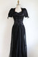 Vintage 1930s to 1940s Evening Dress - Black Pink Ruched Satin Puff Sleeve w Wicked Waist Full Length Gown Size M