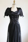 Vintage 1930s to 1940s Evening Dress - Black Pink Ruched Satin Puff Sleeve w Wicked Waist Full Length Gown Size M