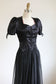 Vintage 1930s to 1940s Evening Dress - Black Pink Ruched Satin Puff Sleeve w Wicked Waist Full Length Gown Size M