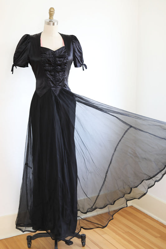 Vintage 1930s to 1940s Evening Dress - Black Pink Ruched Satin Puff Sleeve w Wicked Waist Full Length Gown Size M