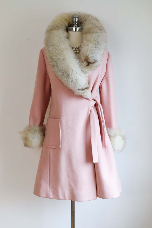 Vintage 1960s PINK Princess Coat - RARE Fox Fur + Wool Mimi Shop John Wanamaker Wrap Coat Size M - L