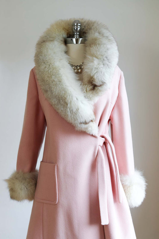 Vintage 1960s PINK Princess Coat - RARE Fox Fur + Wool Mimi Shop John Wanamaker Wrap Coat Size M - L