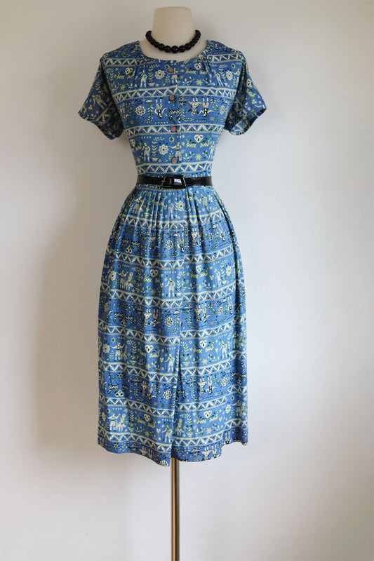 Vintage 1950s Dress - Volup! Tiffany Traveler Jersey Shirtwaist w Delphite + Olive Midsommar-esque Folk Reindeer Print Size L to XL