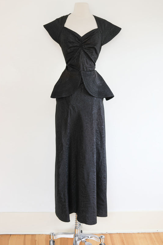 Vintage 1930s Evening Dress - Black Moiré Red Carpet Gown w Caged Capelet Size XS to S