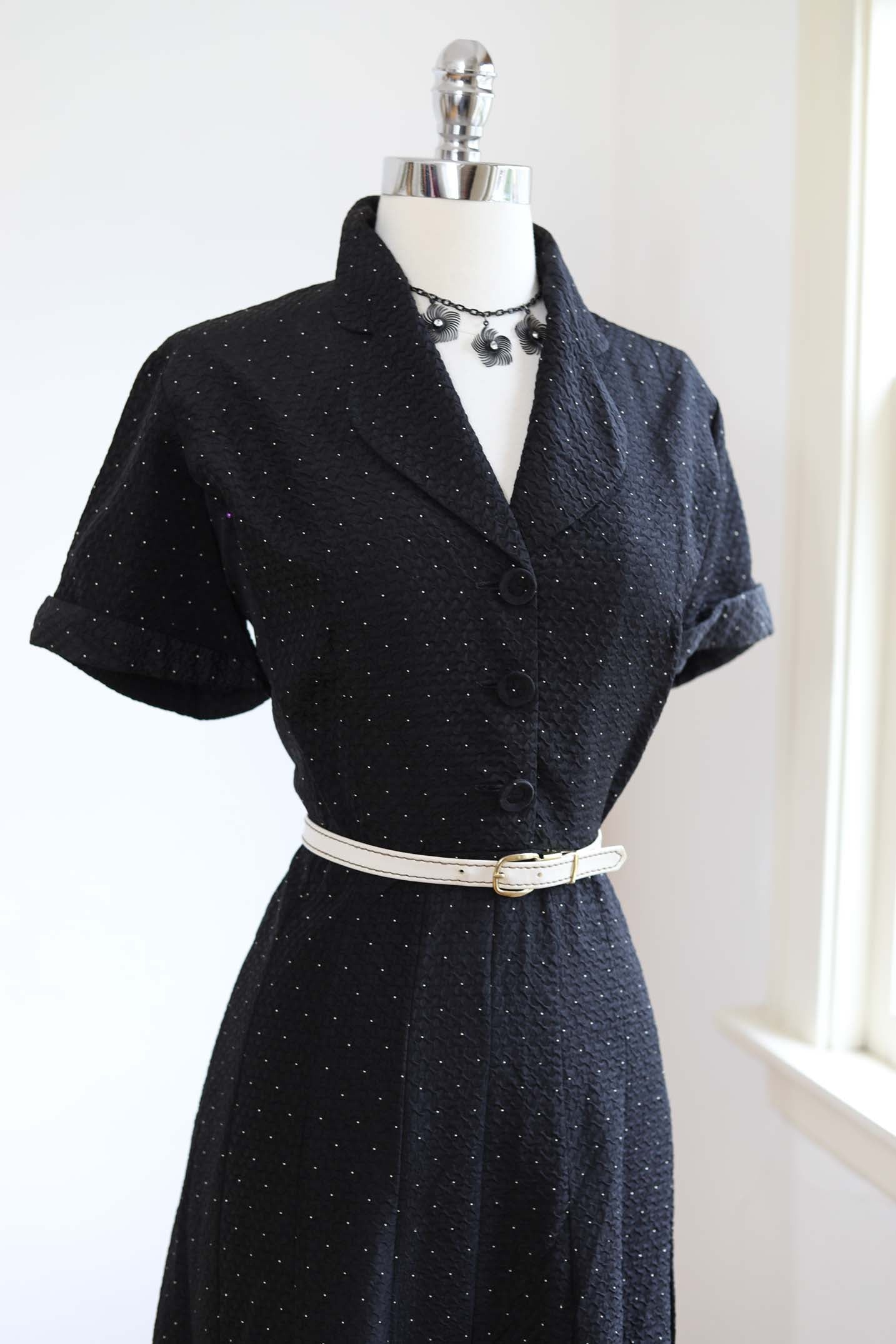 Vintage 1940s Dress - VOLUP! Darling Black Shirtdress w Teensy Polka Dots Size L - XL