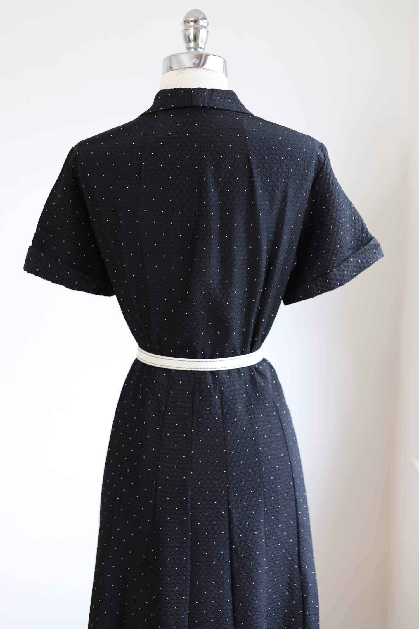 Vintage 1940s Dress - VOLUP! Darling Black Shirtdress w Teensy Polka Dots Size L - XL