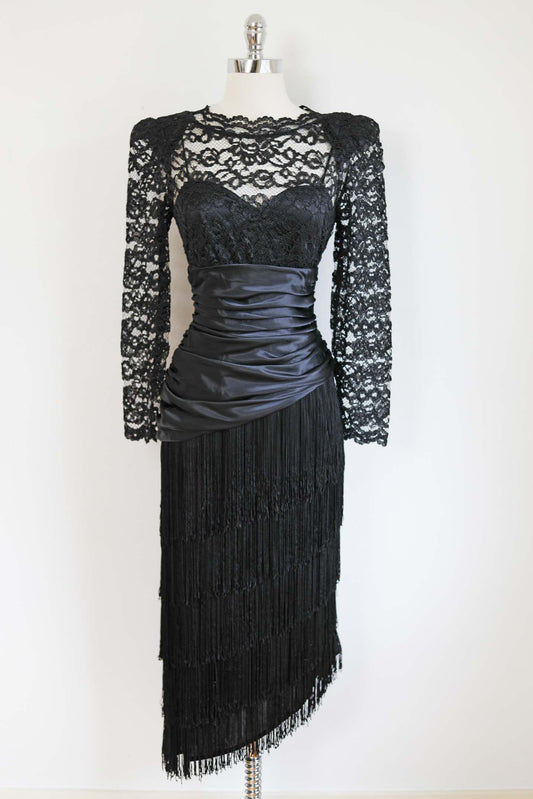 Vintage 1980s FRINGED Dress - FEMME FATALE Black Lace, Satin Asymmetrical Lilli Rubin Designer Dress Size M