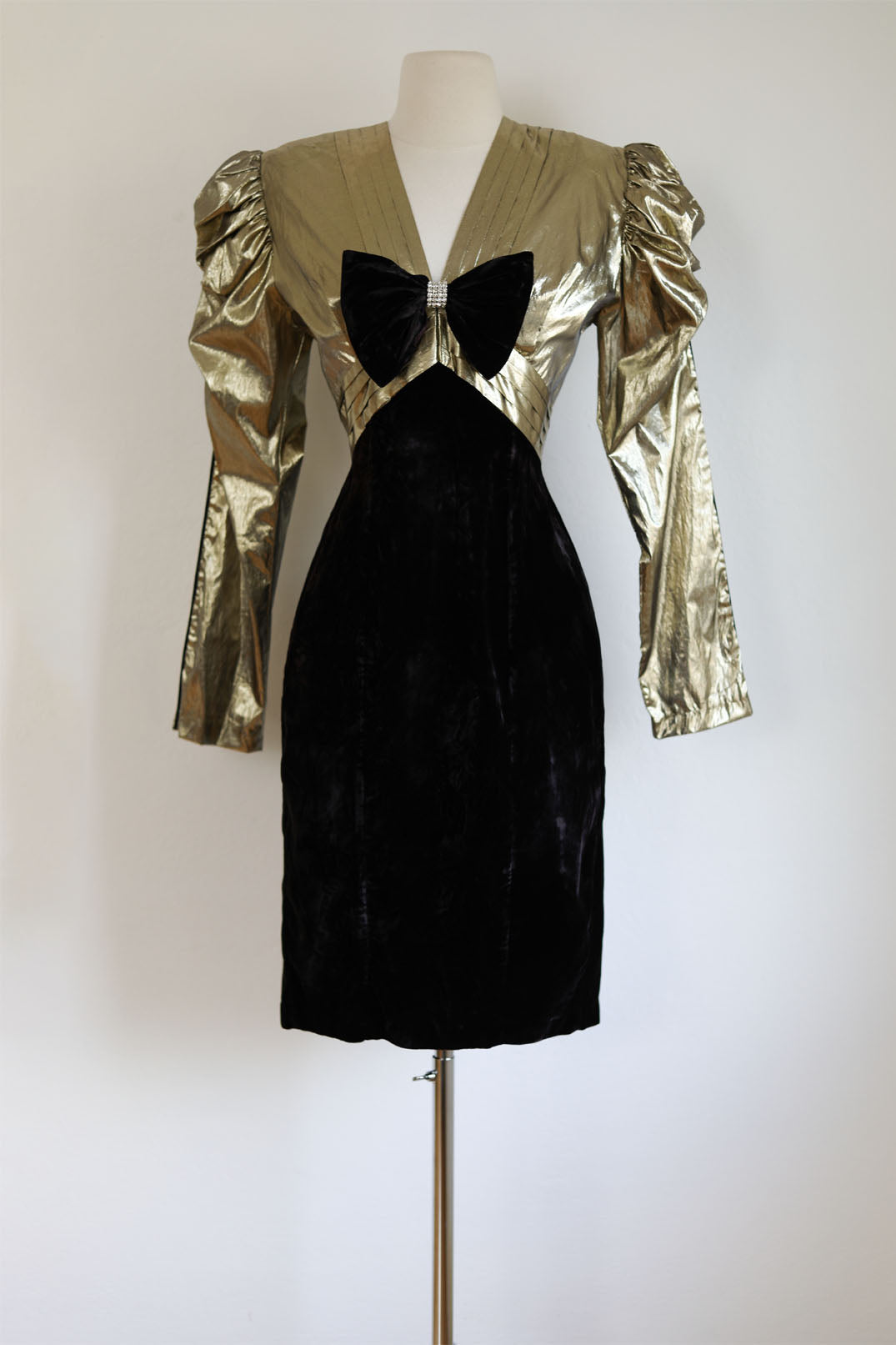 Vintage 1980s Dress - Climax! Designer Avant Garde Metallic Gold Lame Tuxedo Cocktail Dress w Open Back Size S to M