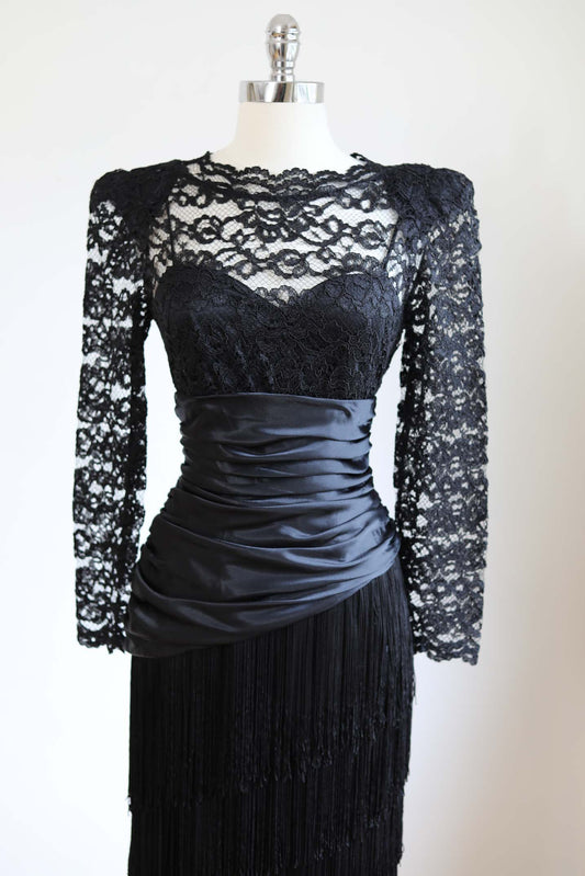 Vintage 1980s FRINGED Dress - FEMME FATALE Black Lace, Satin Asymmetrical Lilli Rubin Designer Dress Size M