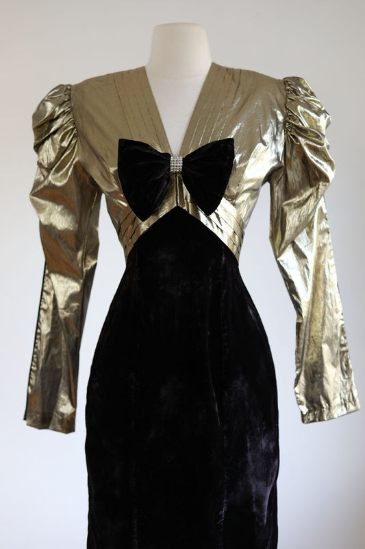 Vintage 1980s Dress - Climax! Designer Avant Garde Metallic Gold Lame Tuxedo Cocktail Dress w Open Back Size S to M