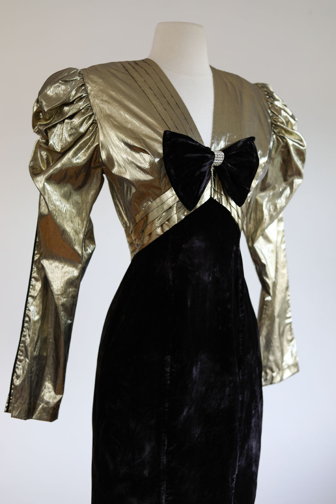 Vintage 1980s Dress - Climax! Designer Avant Garde Metallic Gold Lame Tuxedo Cocktail Dress w Open Back Size S to M