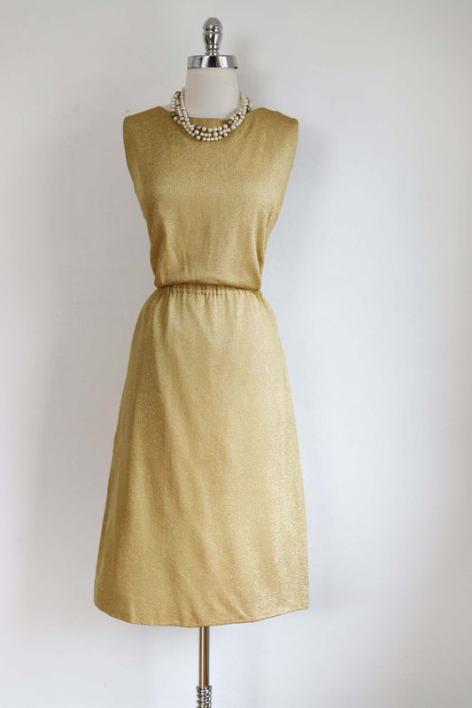 Vintage 1960s ALFRED SHAHEEN Dress - GOLD LUREX Knit A-line Cocktail Dress Size L