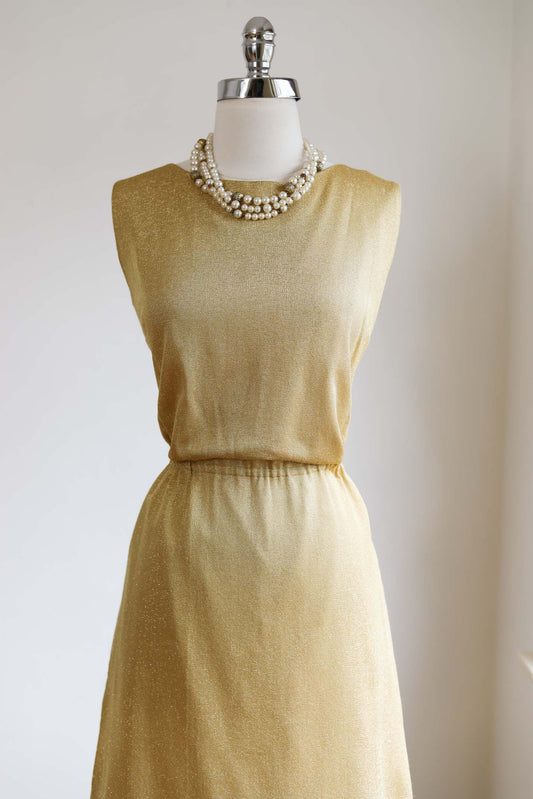 Vintage 1960s ALFRED SHAHEEN Dress - GOLD LUREX Knit A-line Cocktail Dress Size L