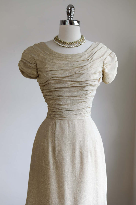 Vintage 1960s Party Dress - DRAPED BOMBSHELL Pale Pearly Gold Lurex Hourglass Cocktail Size M