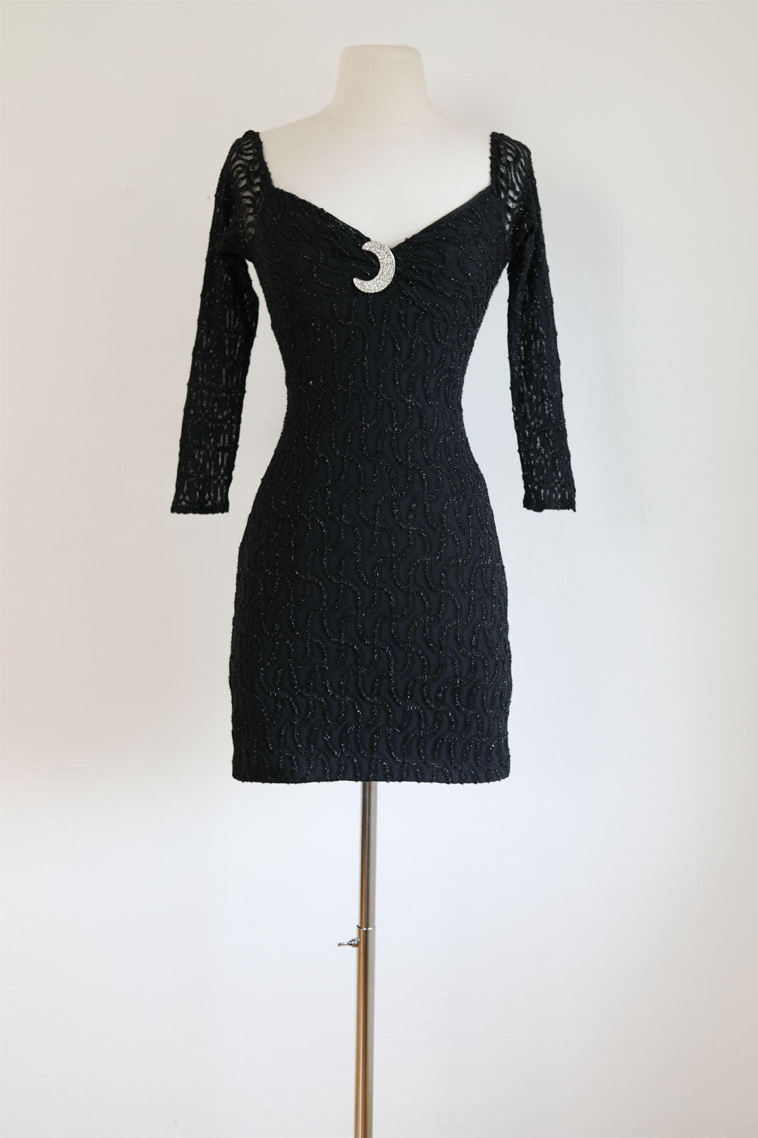 Vintage 1980s to 1990s Dress - Sexy Black Stretchy Lace Bandage Cocktail w Witchy Rhinestone Moon Minidress Size XS to S