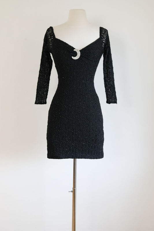 Vintage 1980s to 1990s Dress - Sexy Black Stretchy Lace Bandage Cocktail w Witchy Rhinestone Moon Minidress Size XS to S