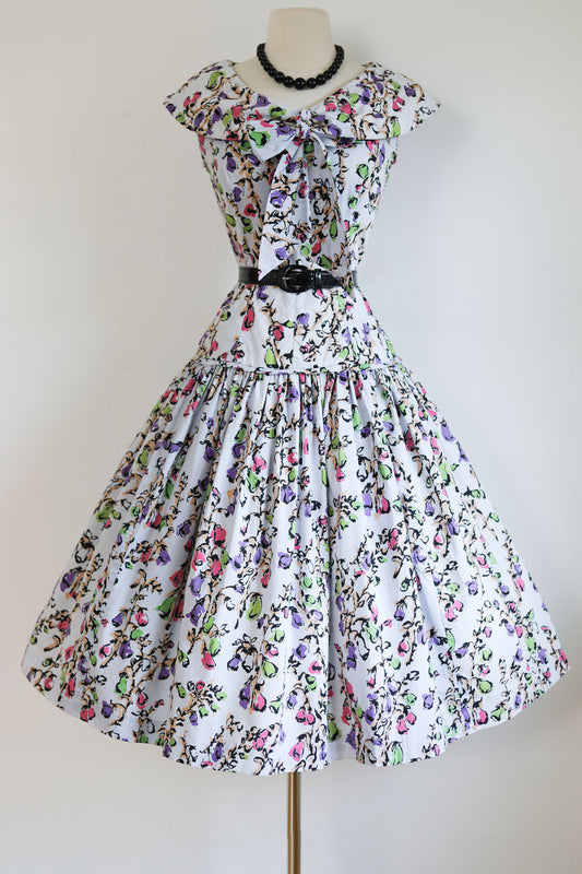 Vintage 1950s Dress - Duck Egg Blue, Black + Colorful Floral Print Cotton Designer Sundress Size M