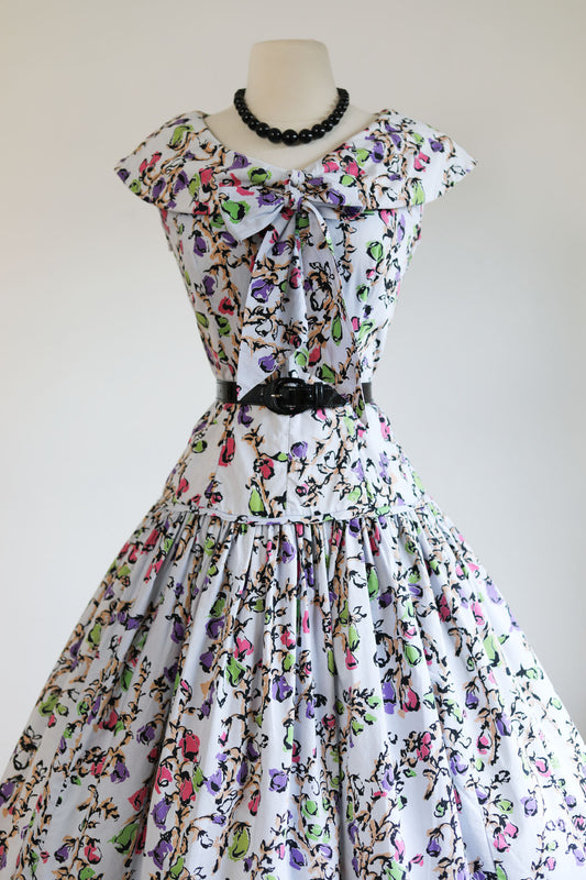 Vintage 1950s Dress - Duck Egg Blue, Black + Colorful Floral Print Cotton Designer Sundress Size M