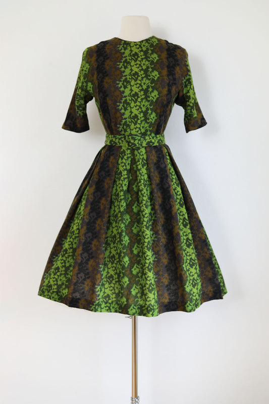 Vintage 1960s Dress - Bog Queen Soft Cuddly Poison Green Black Chocolate Wool Organic Pattern Full Skirt Dress Size S to M