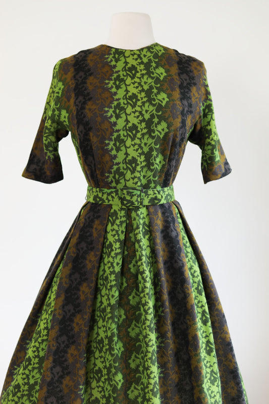 Vintage 1960s Dress - Bog Queen Soft Cuddly Poison Green Black Chocolate Wool Organic Pattern Full Skirt Dress Size S to M