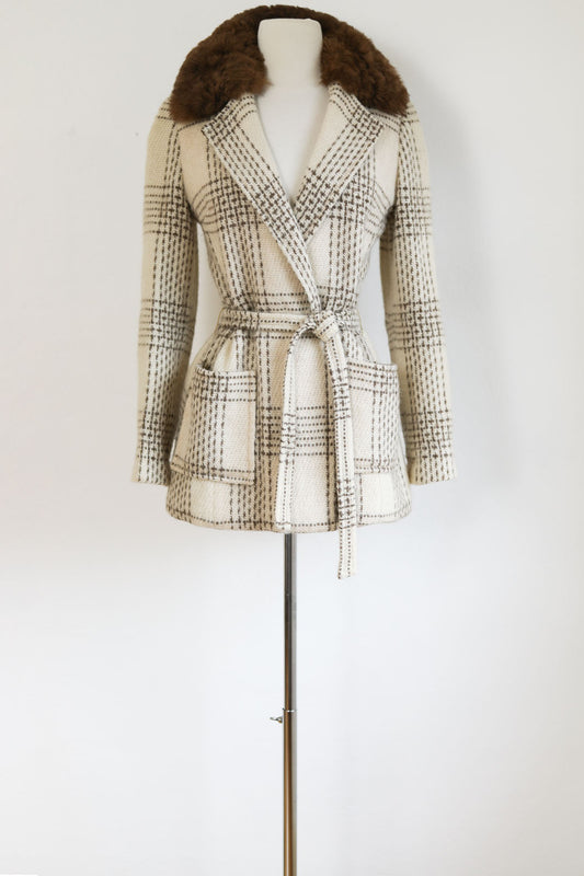 Vintage 1960s to 1970sp Icelandic Wool Princess Coat - Darling Neutral Cream + Tan "Icewool" Designer Car Coat w Belt Size S to M