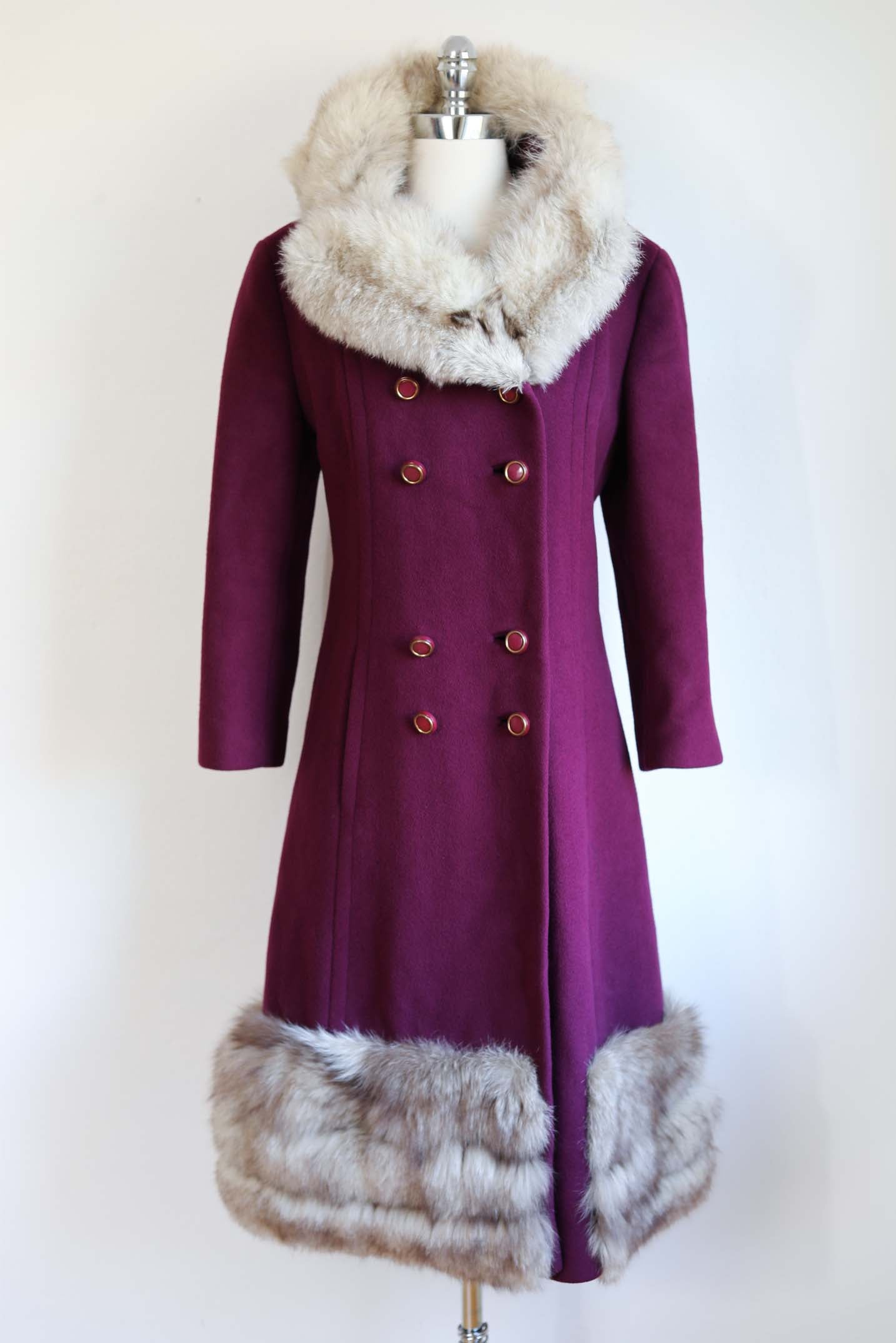 Vintage 1960s PLUM Princess Coat - RARE Arctic Fox Fur + Wool Sculpted Coat w Pockets Size M