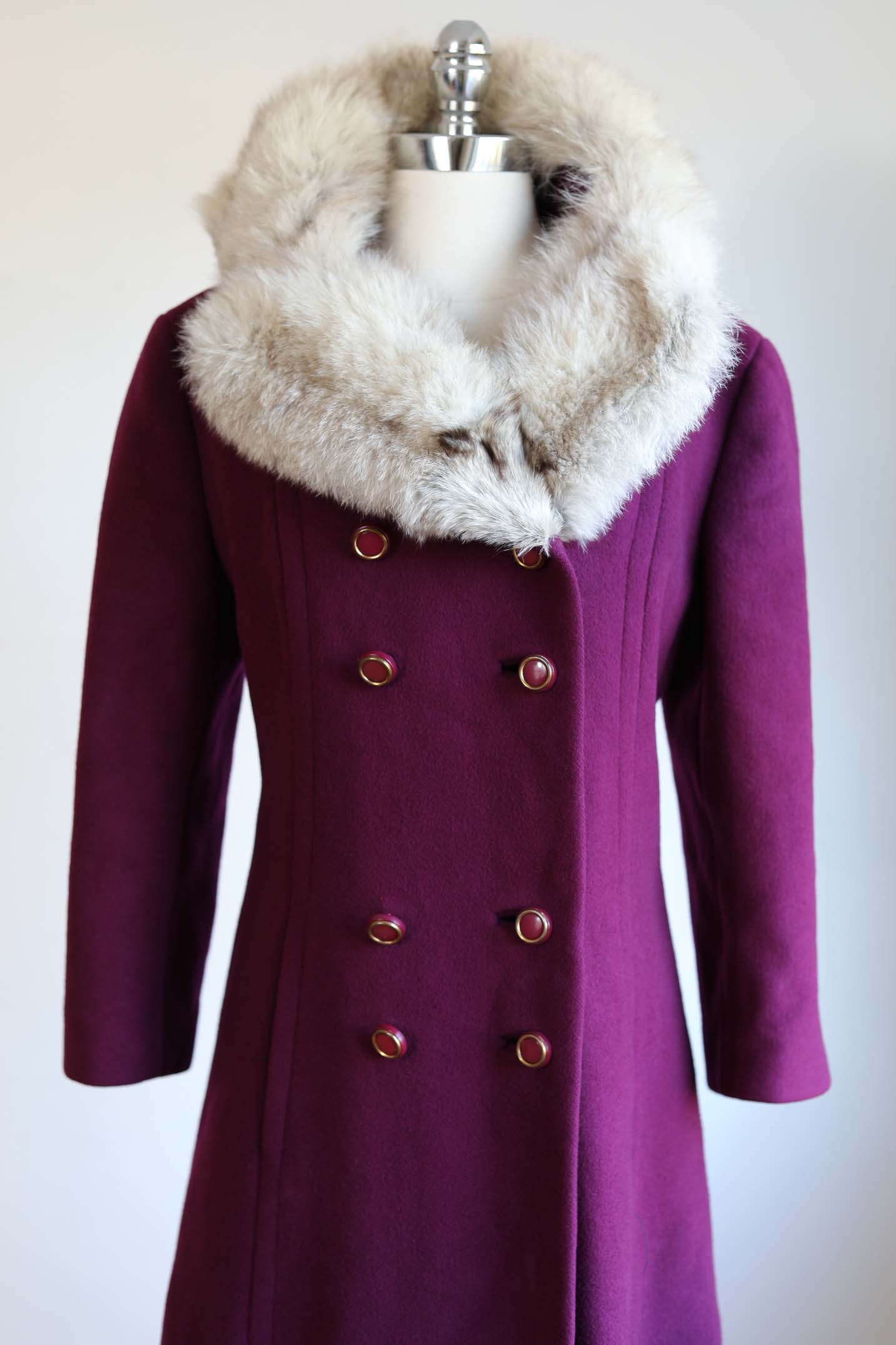 Vintage 1960s PLUM Princess Coat - RARE Arctic Fox Fur + Wool Sculpted Coat w Pockets Size M